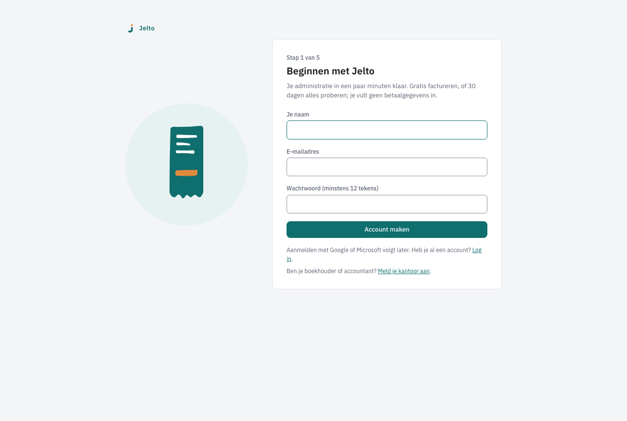 Beginnen met Jelto, stap 1 van 5, met je naam, e-mailadres en wachtwoord