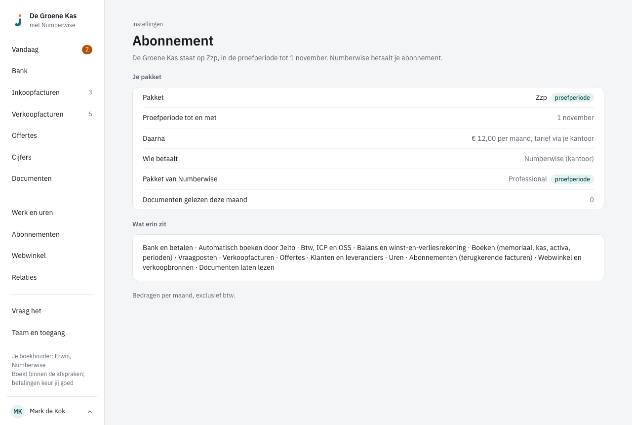 Abonnement met onder Je pakket het pakket, de proefperiode, de prijs daarna en wie betaalt