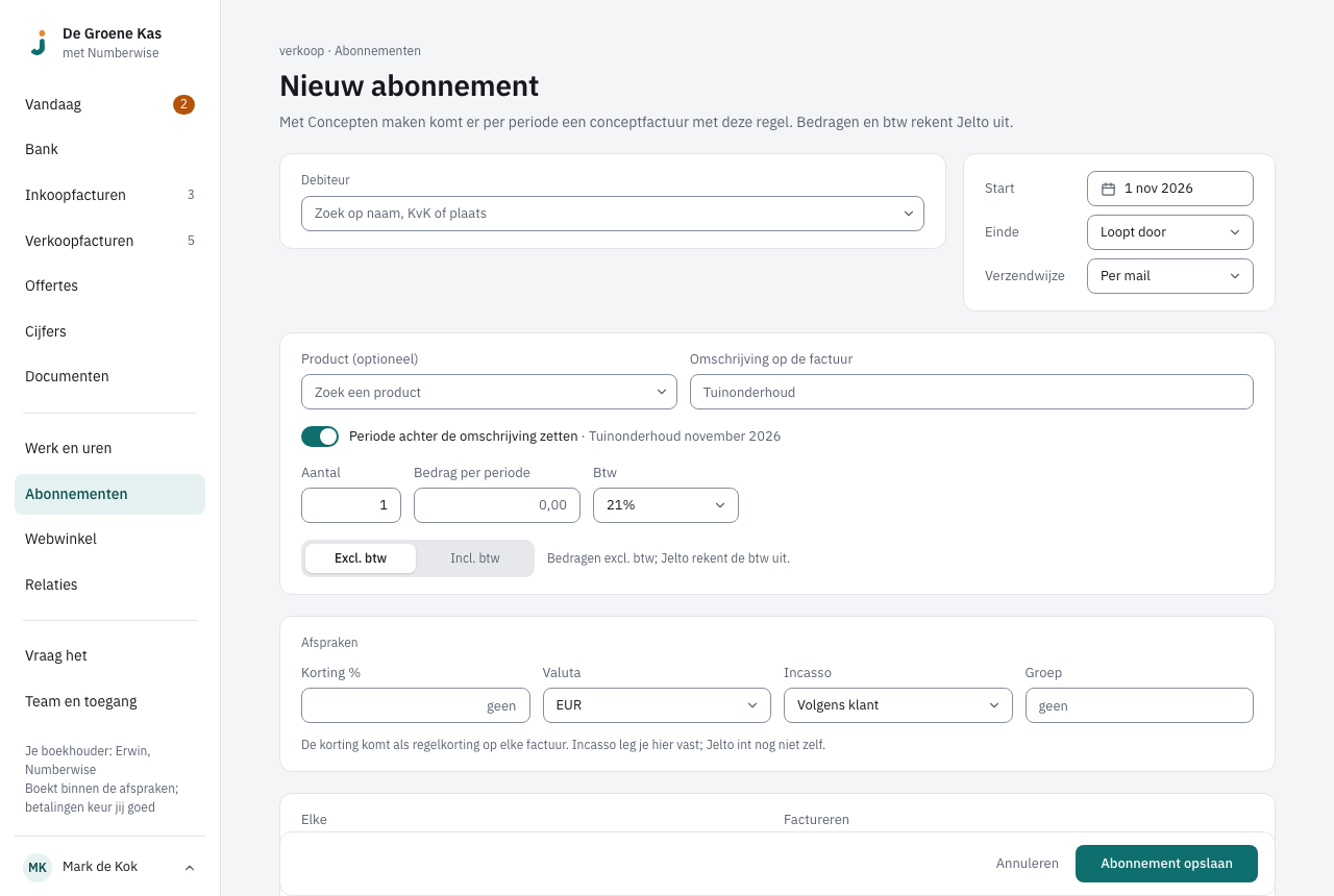 Nieuw abonnement met debiteur, product en omschrijving, bedrag, periode, factureren en voorbeeld