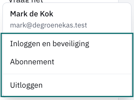 Het accountmenu met Inloggen en beveiliging, Abonnement en Uitloggen