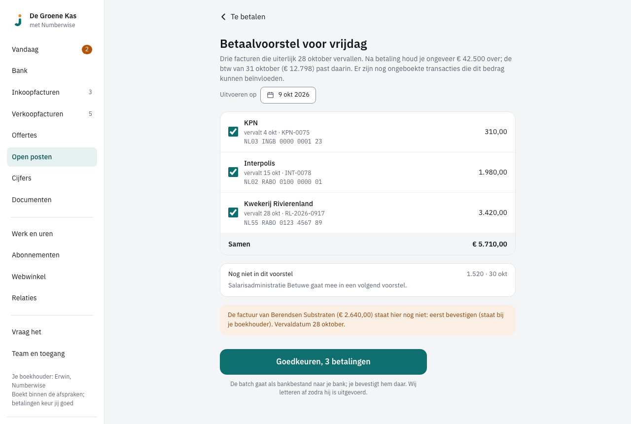 Het betaalvoorstel met drie facturen en een geel blok over een factuur die er nog niet in staat