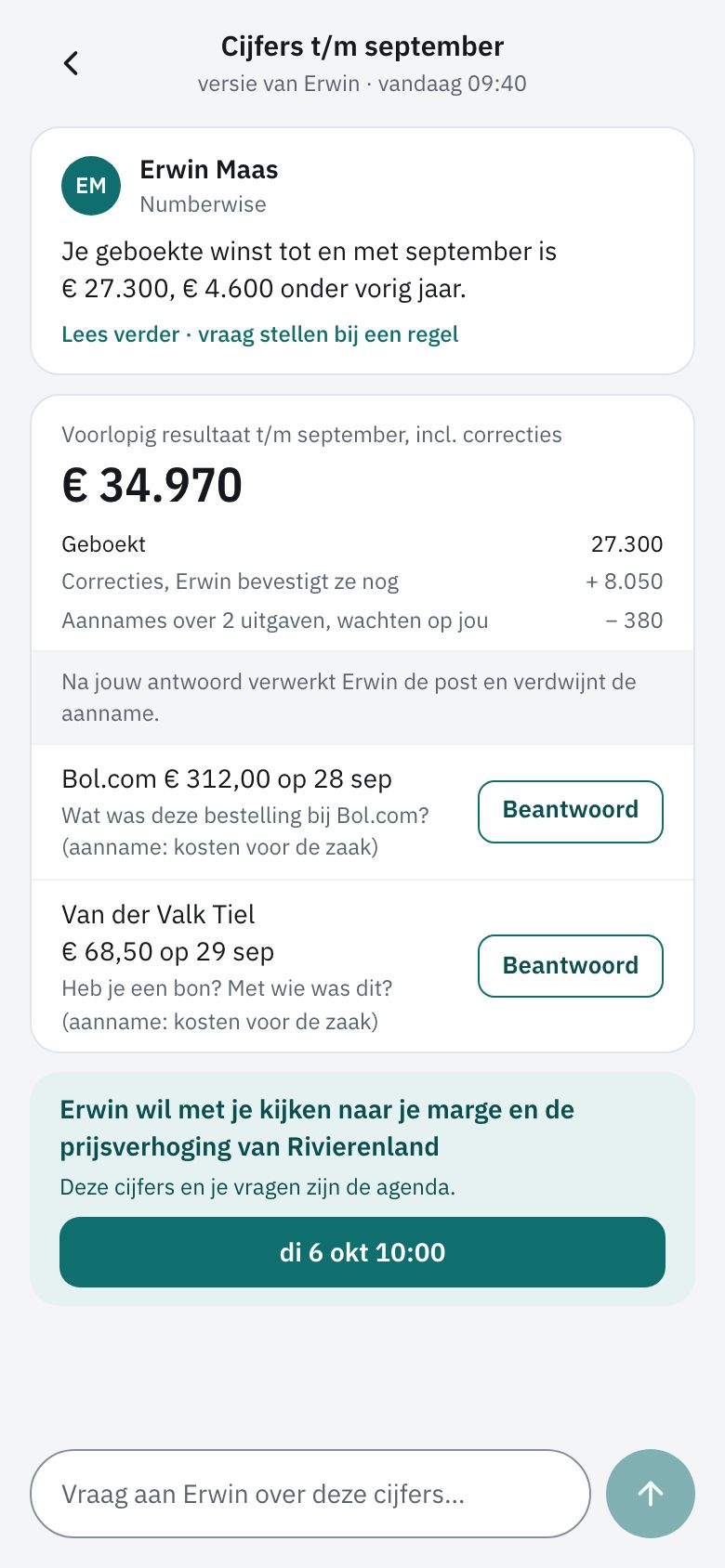 Gedeelde cijfers op de telefoon: de toelichting van je boekhouder, het voorlopig resultaat en twee uitgaven met Beantwoord