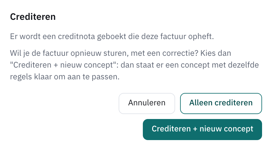 Het venster Crediteren met de knoppen Alleen crediteren en Crediteren + nieuw concept