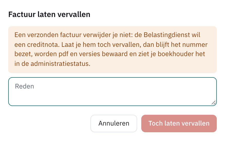 Het venster Factuur laten vervallen met de waarschuwing en het vak Reden
