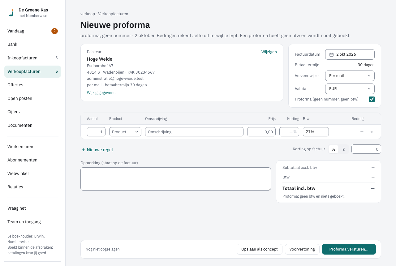 Een nieuwe factuur met Proforma aangevinkt en onderaan de knop Proforma versturen