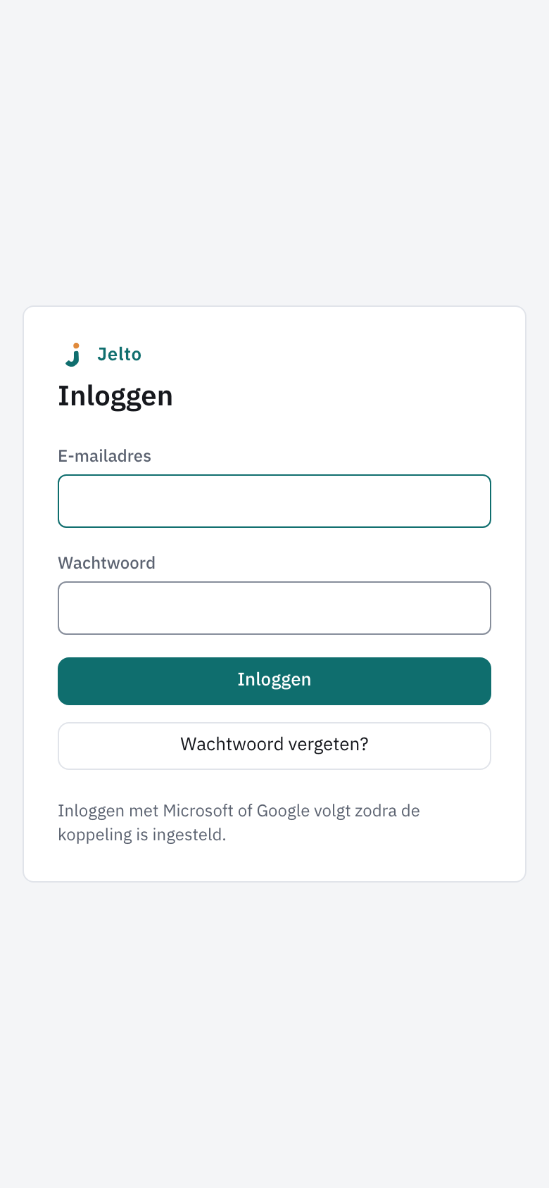 Het inlogscherm met E-mailadres, Wachtwoord, Inloggen en Wachtwoord vergeten?