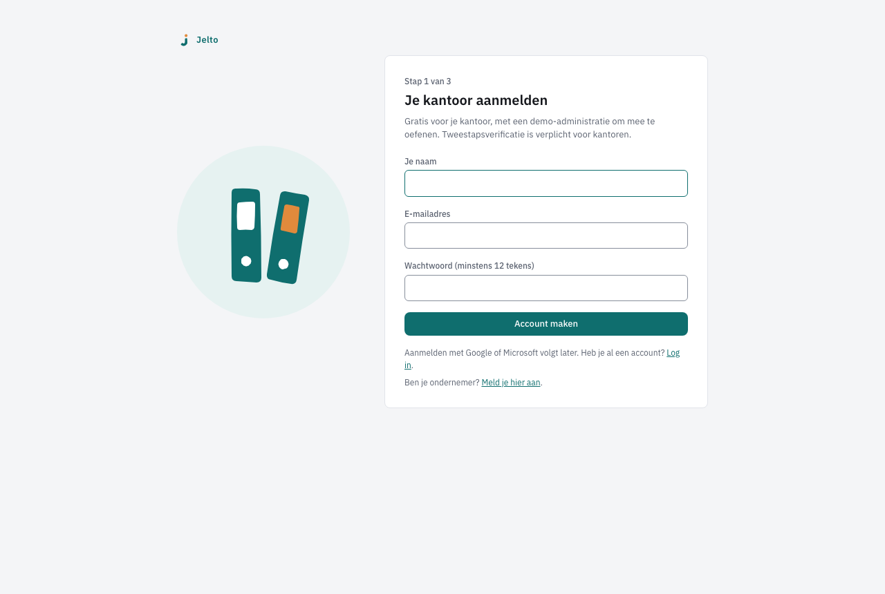 Je kantoor aanmelden, stap 1 van 3, met naam, e-mailadres en wachtwoord
