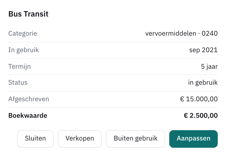 Venster van een activum met boekwaarde en de knoppen Verkopen, Buiten gebruik en Aanpassen