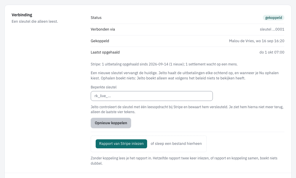 De pagina van een betaalprovider met het blok Verbinding en de knop Opnieuw koppelen