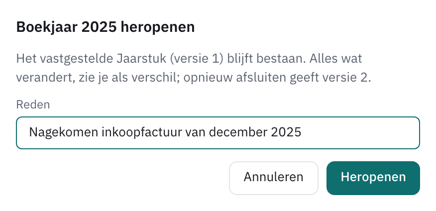Venster Boekjaar 2025 heropenen met een ingevulde reden