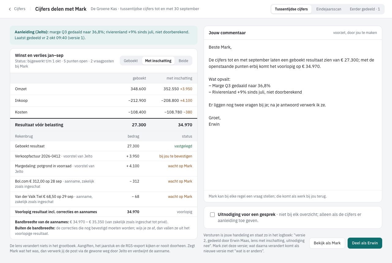 Cijfers delen met de tabel Met inschatting links en Jouw commentaar met de voorzet rechts