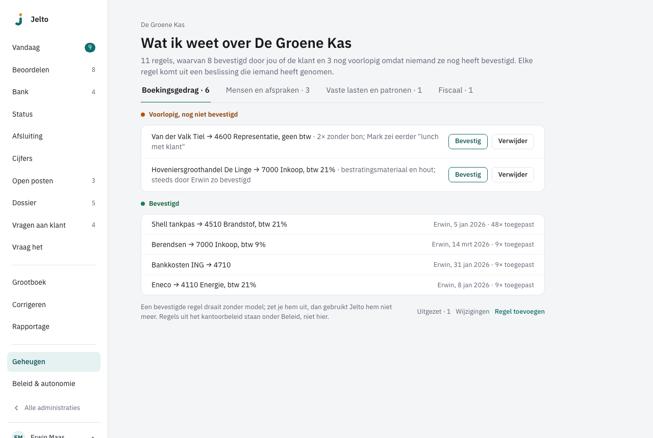Geheugen met de tabs, voorlopige regels met Bevestig en bevestigde regels met hoe vaak toegepast