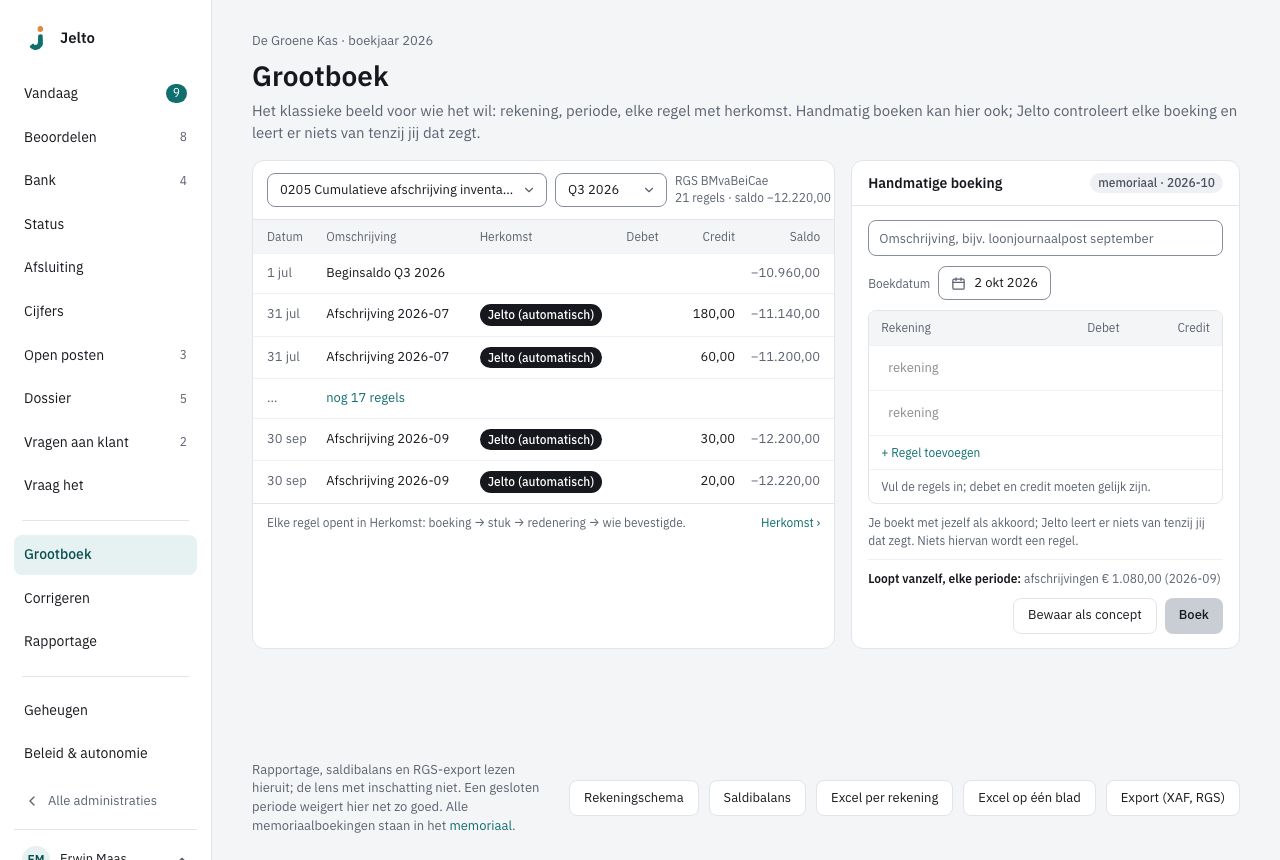 Grootboek met rechts het paneel Handmatige boeking: omschrijving, boekdatum en regels met debet en credit