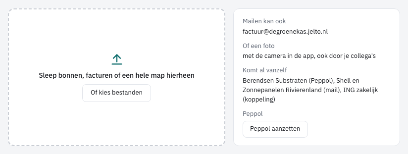 Het blok Aanleveren op Inkoopfacturen, met rechtsonder de knop Peppol aanzetten