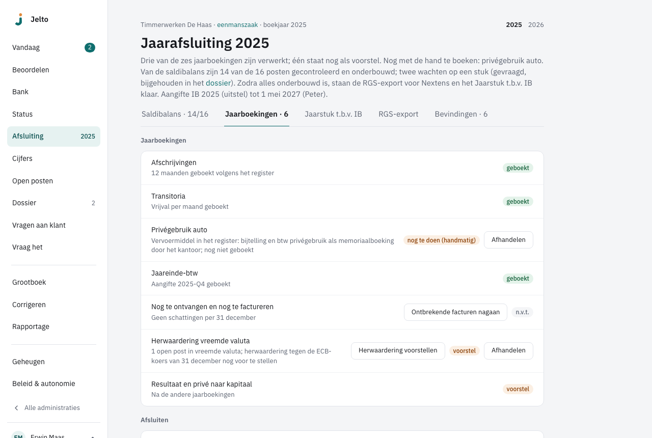 De tab Jaarboekingen met per onderwerp de stand, zoals geboekt, voorstel en nog te doen