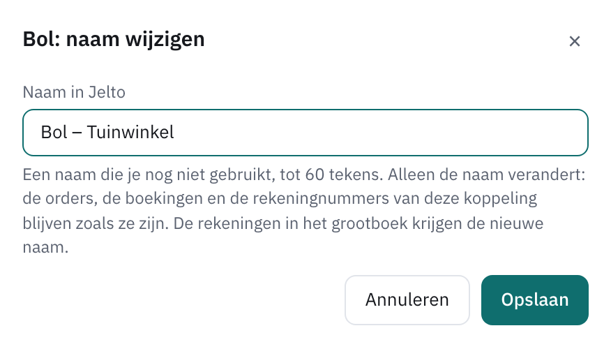 Venster Bol: naam wijzigen met het veld Naam in Jelto, bij Kwekerij Van Rijn