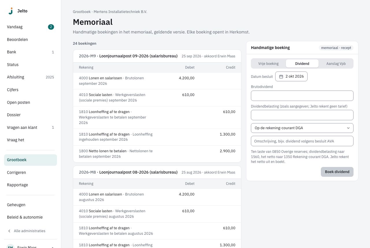 Memoriaal van een B.V. met rechts Handmatige boeking op Dividend