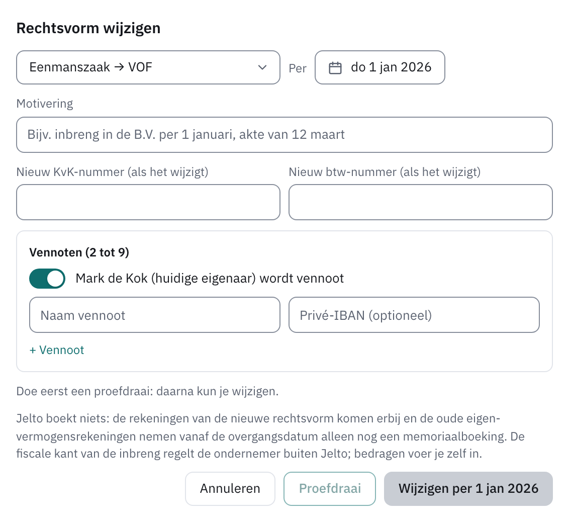 Venster Rechtsvorm wijzigen met rechtsvorm en datum, motivering, nieuwe nummers en vennoten