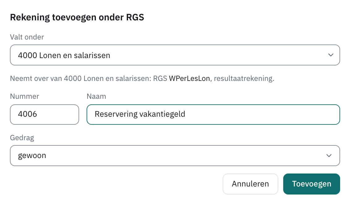 Venster Rekening toevoegen onder RGS met 4000 Lonen en salarissen bij Valt onder en nummer 4006