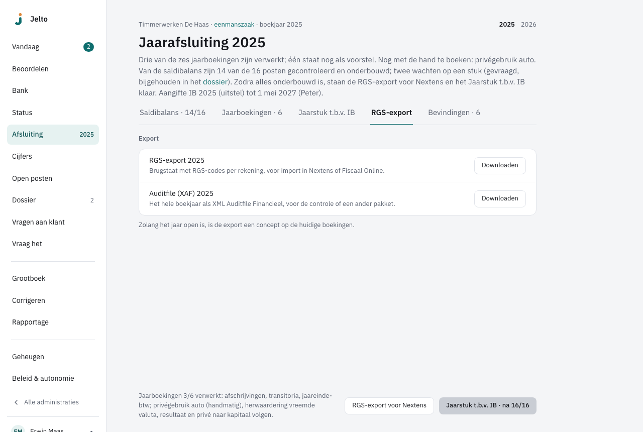 De tab RGS-export met Downloaden bij RGS-export 2025 en bij Auditfile (XAF) 2025