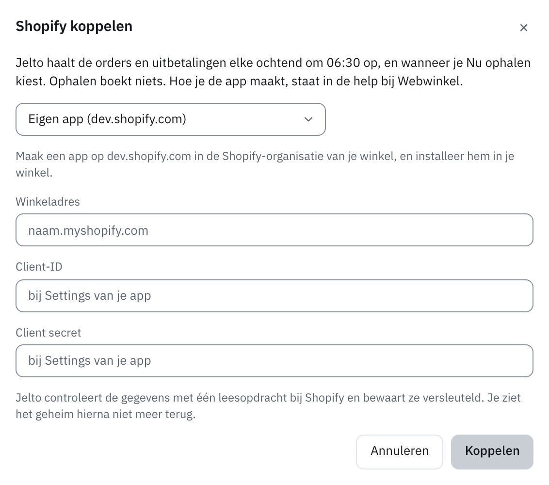Venster Shopify koppelen met de velden Winkeladres, Client-ID en Client secret