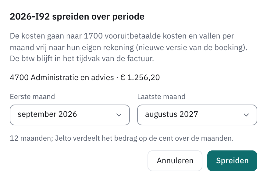 Venster om een factuur te spreiden, met de regel en de eerste en laatste maand