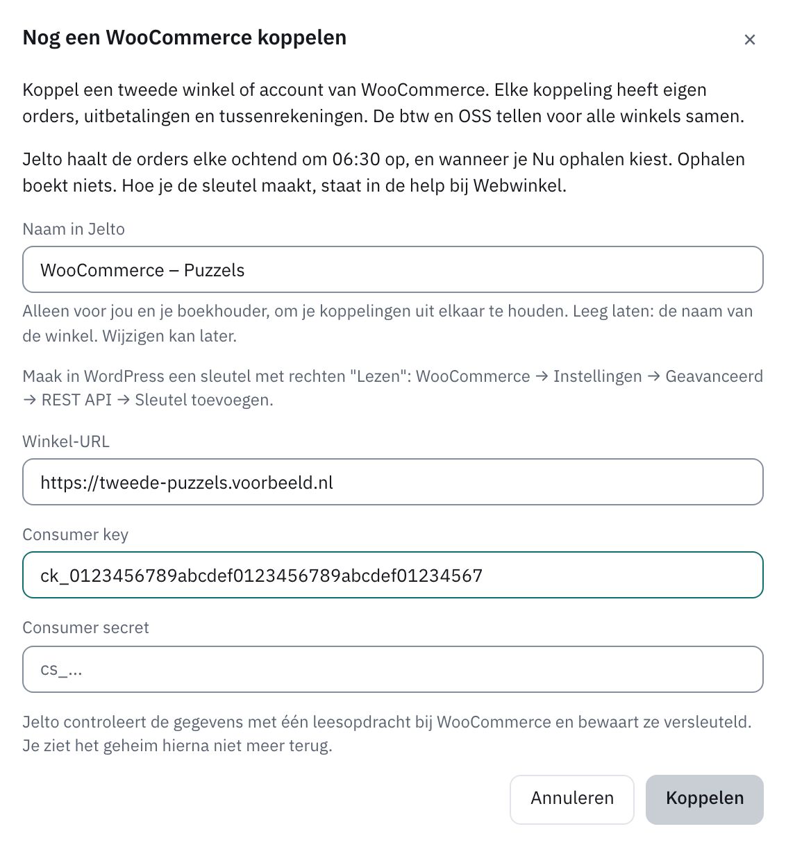 Venster Nog een WooCommerce koppelen met de naam in Jelto, de winkel-URL en de sleutel
