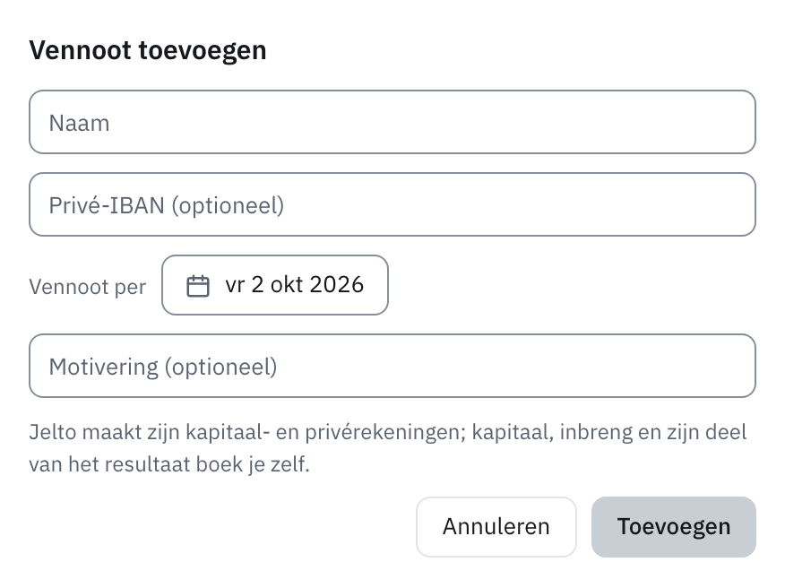 Venster Vennoot toevoegen met naam, privé-IBAN, datum en motivering