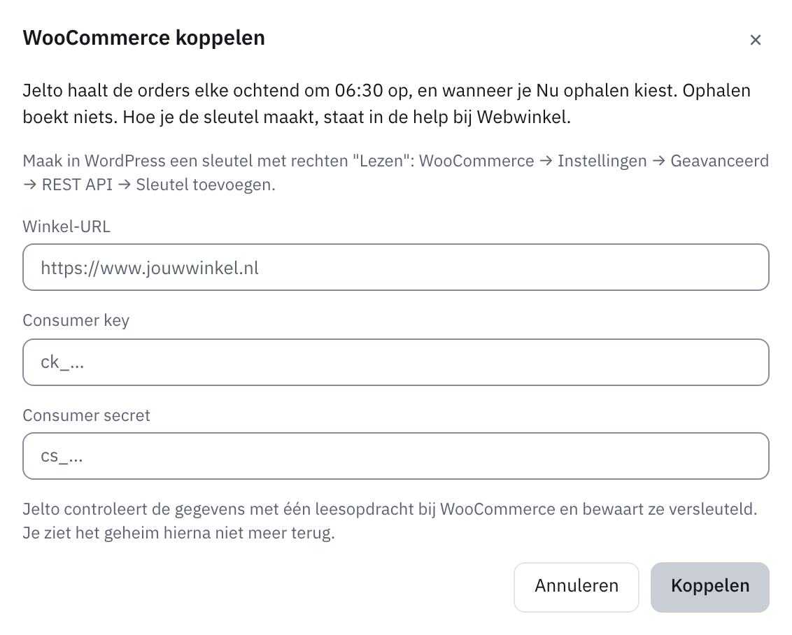 Venster WooCommerce koppelen met de velden Winkel-URL, Consumer key en Consumer secret