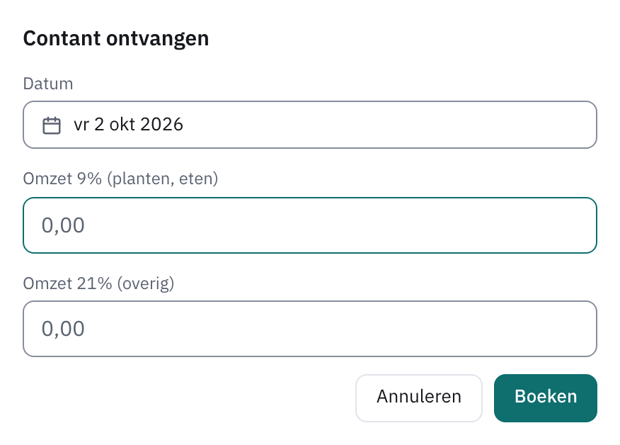 Het venster Contant ontvangen met de datum, Omzet 9% en Omzet 21%