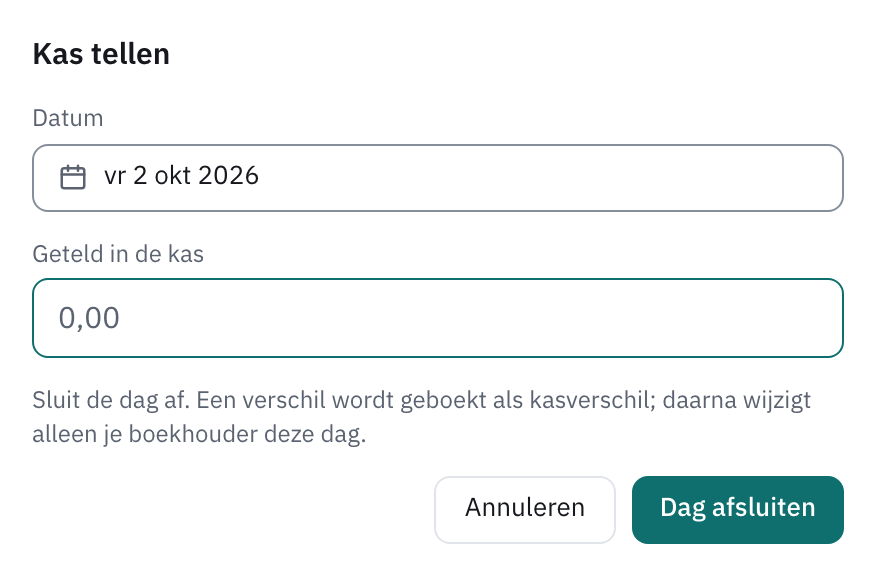 Het venster Kas tellen met de datum en het vak voor het getelde bedrag