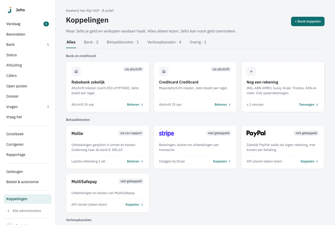 Koppelingen van een klant, met filters en tegels