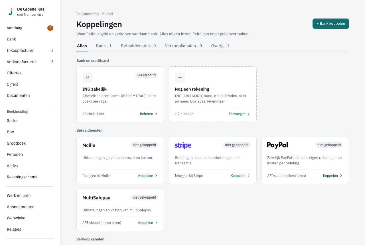 Koppelingen op de computer, met rechtsboven de knop Bank koppelen