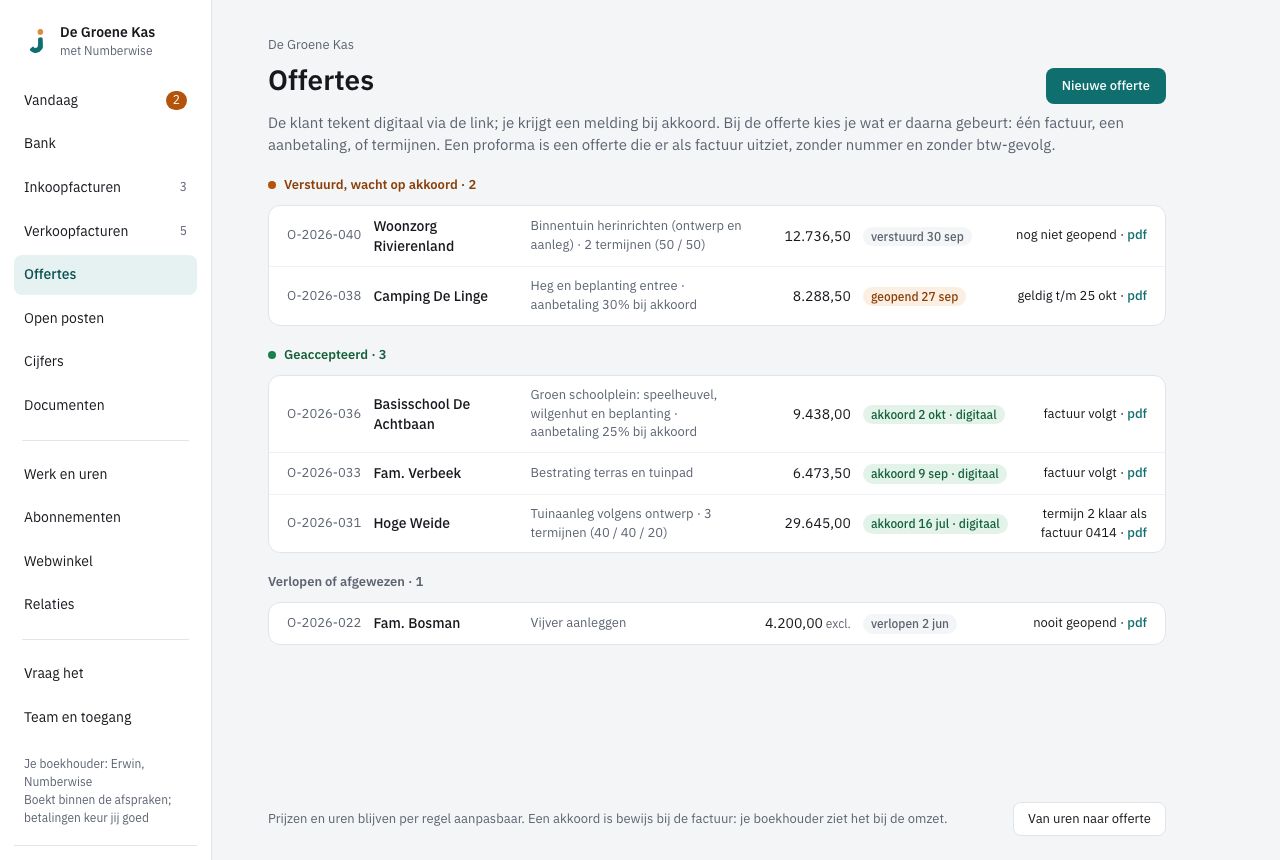 Offertes met onder Geaccepteerd de offertes waarop je klant akkoord gaf
