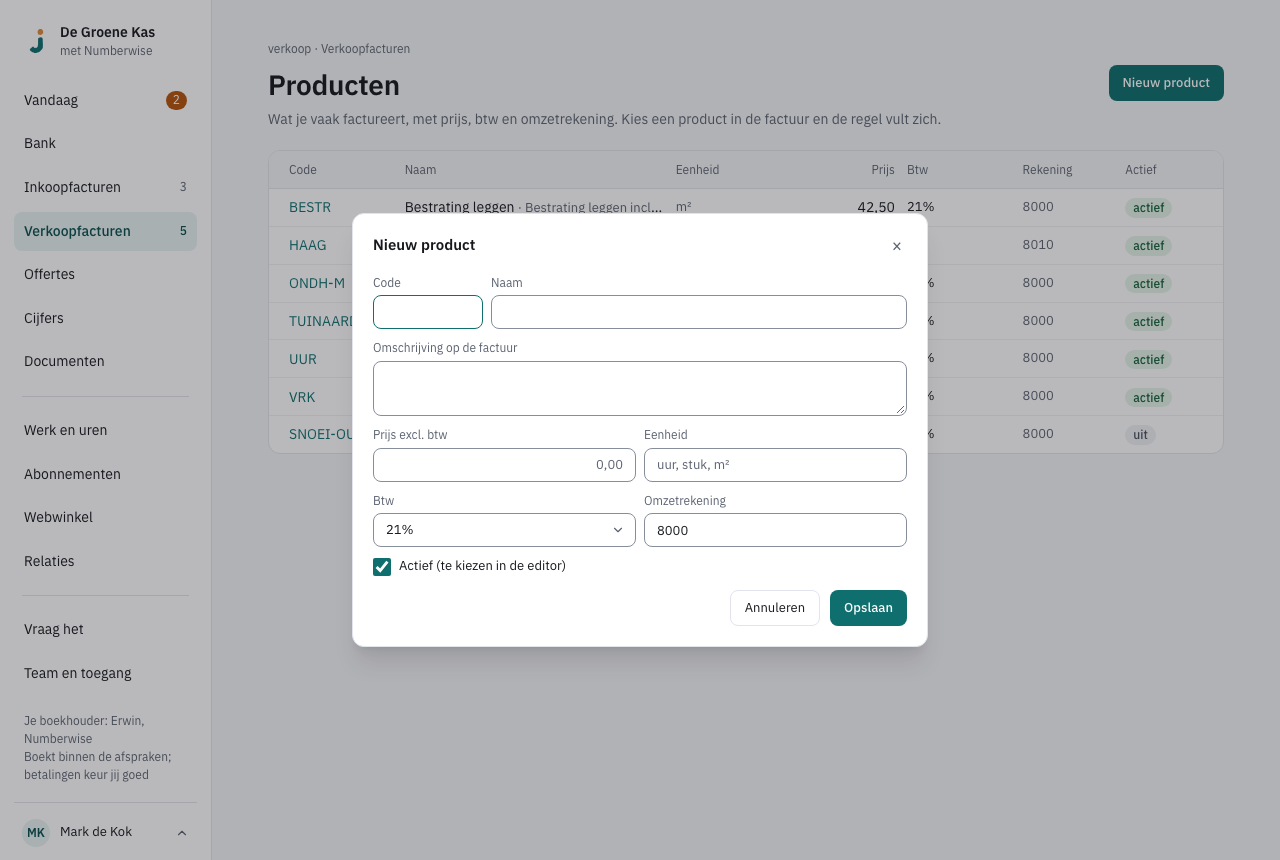 Het venster Nieuw product met code, naam, omschrijving, prijs, eenheid en btw