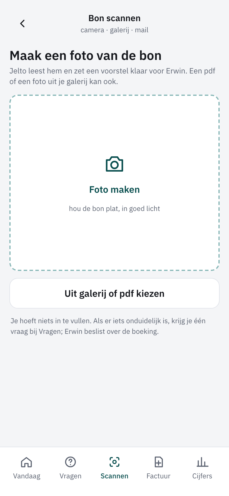 Scannen op de telefoon, met de knop Foto maken en daaronder Uit galerij of pdf kiezen
