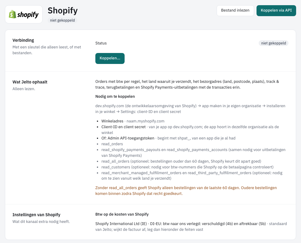 De pagina van Shopify, met de knop Koppelen…