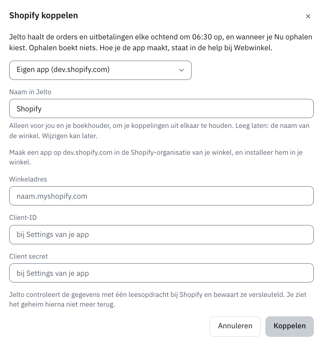 Venster Shopify koppelen met de velden Winkeladres, Client-ID en Client secret