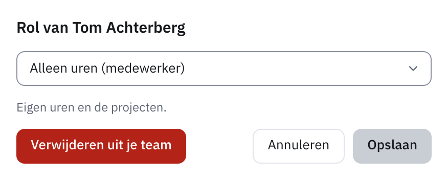 Het venster met de rol van een collega en de knop Verwijderen uit je team
