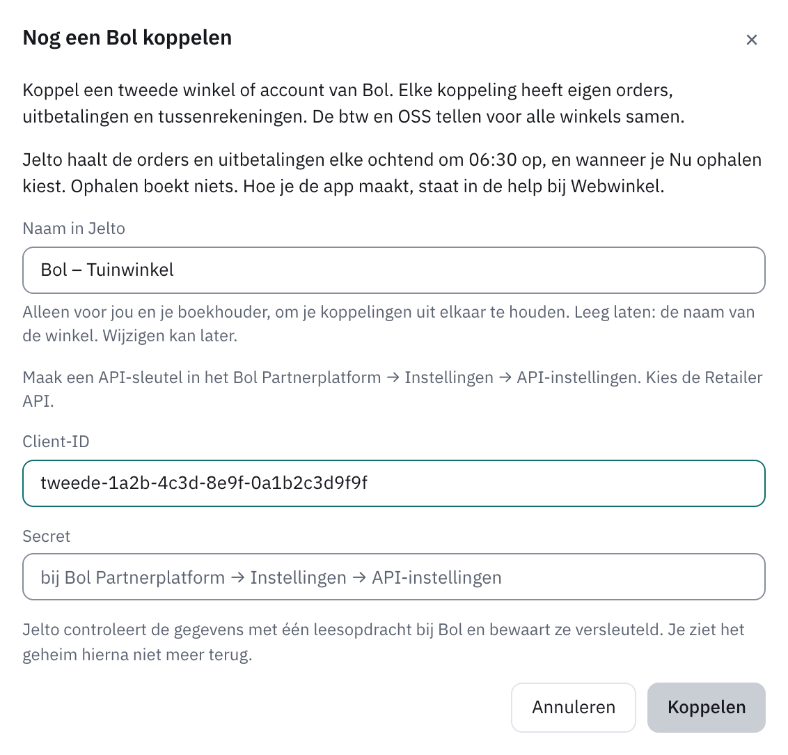 Venster Nog een Bol koppelen met de naam in Jelto, de client-ID en het secret