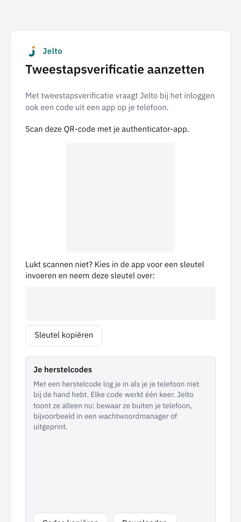 Tweestapsverificatie aanzetten met de sleutel, Sleutel kopiëren, je herstelcodes en het vak Code uit de app