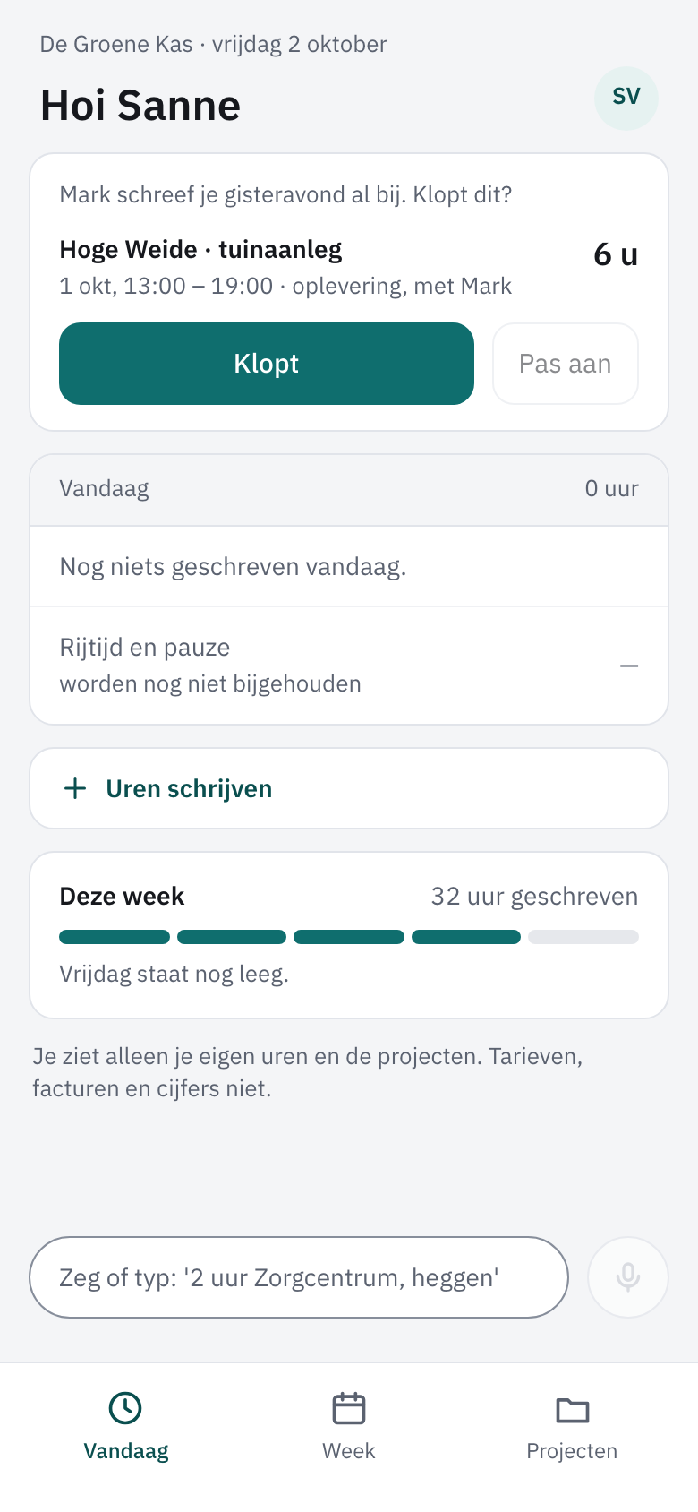 Uren op de telefoon met bovenaan een kaart Klopt dit?, de geschreven uren en de knoppen Klopt en Pas aan