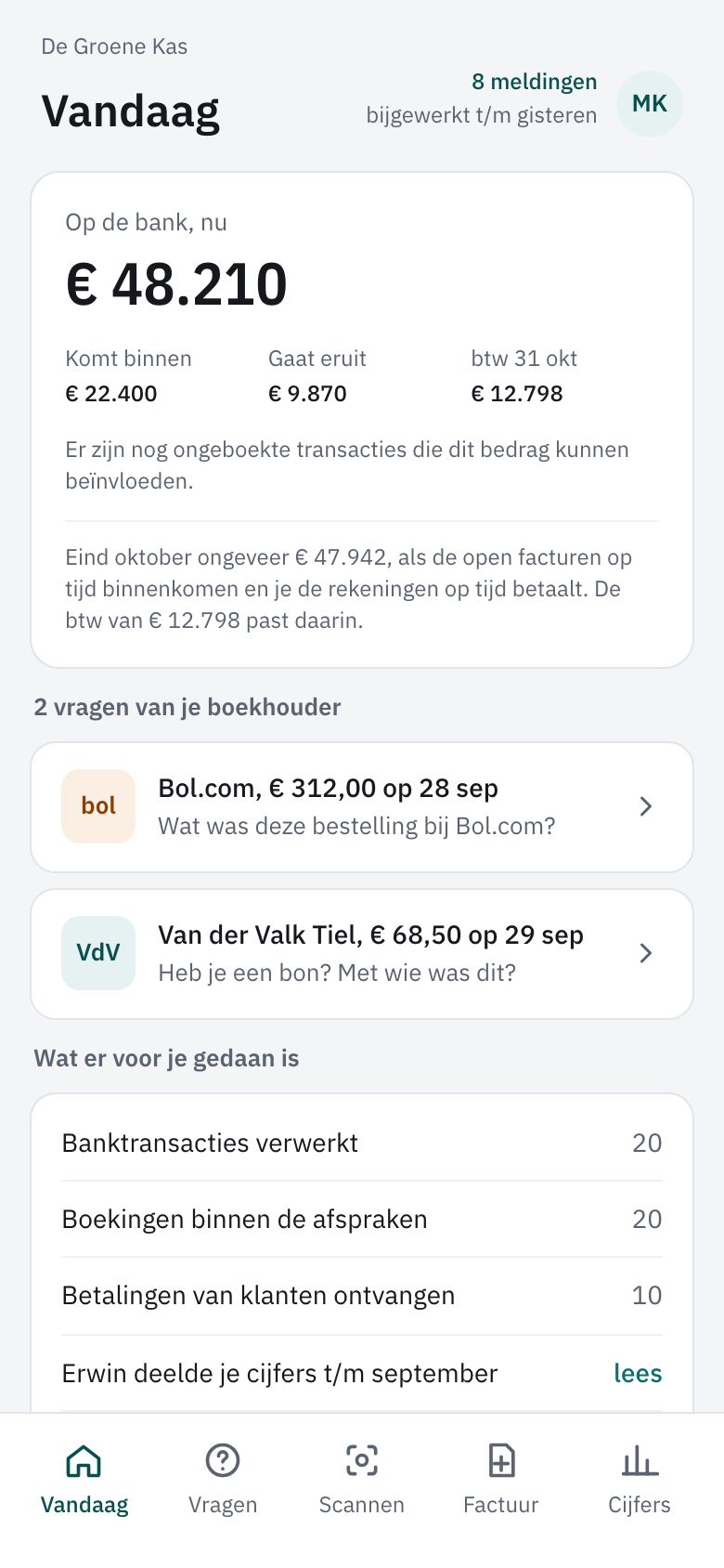 Vandaag op de telefoon met het geld op de bank, twee vragen en Wat er voor je gedaan is