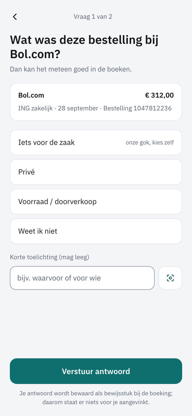 Een vraag over een betaling aan Bol.com op de telefoon, met vier antwoorden en een vak voor toelichting