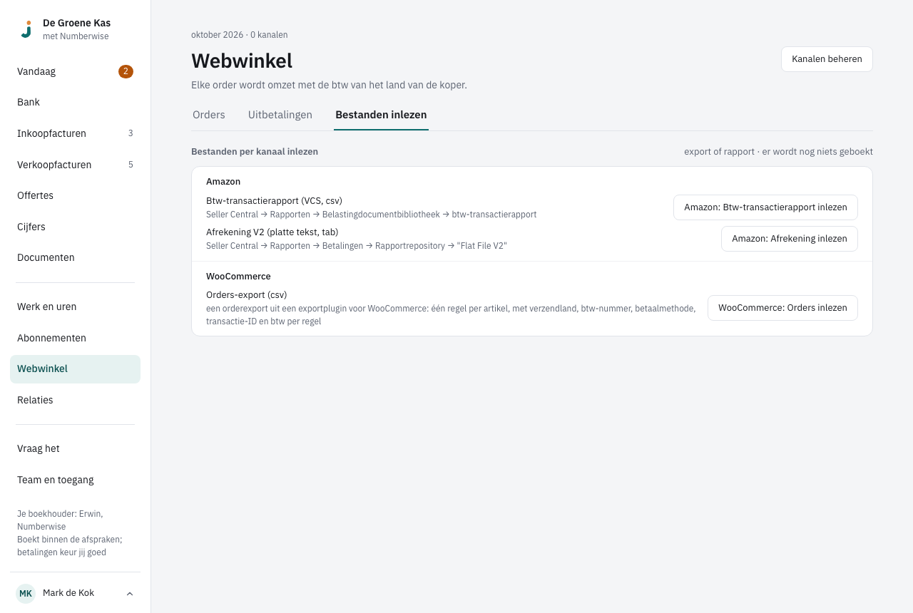 Bestanden per kanaal inlezen: per kanaal de exports en een knop om elk bestand in te lezen