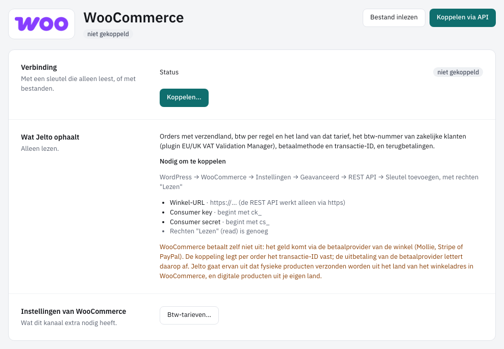 De pagina van WooCommerce, met de knop Koppelen…