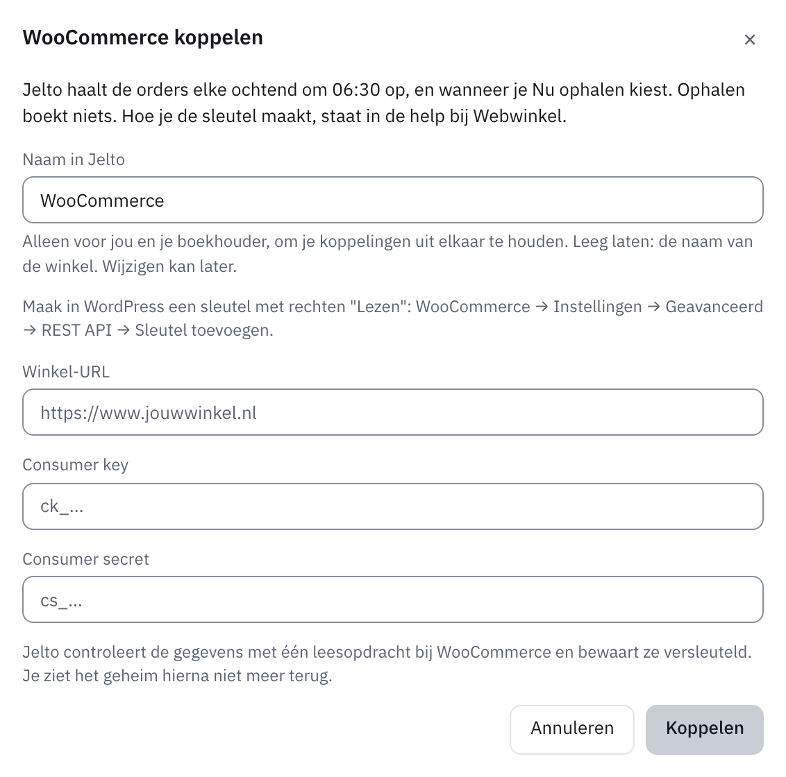 Venster WooCommerce koppelen met de velden Winkel-URL, Consumer key en Consumer secret
