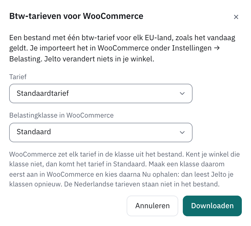 Venster Btw-tarieven voor WooCommerce met de keuze voor het tarief en de belastingklasse